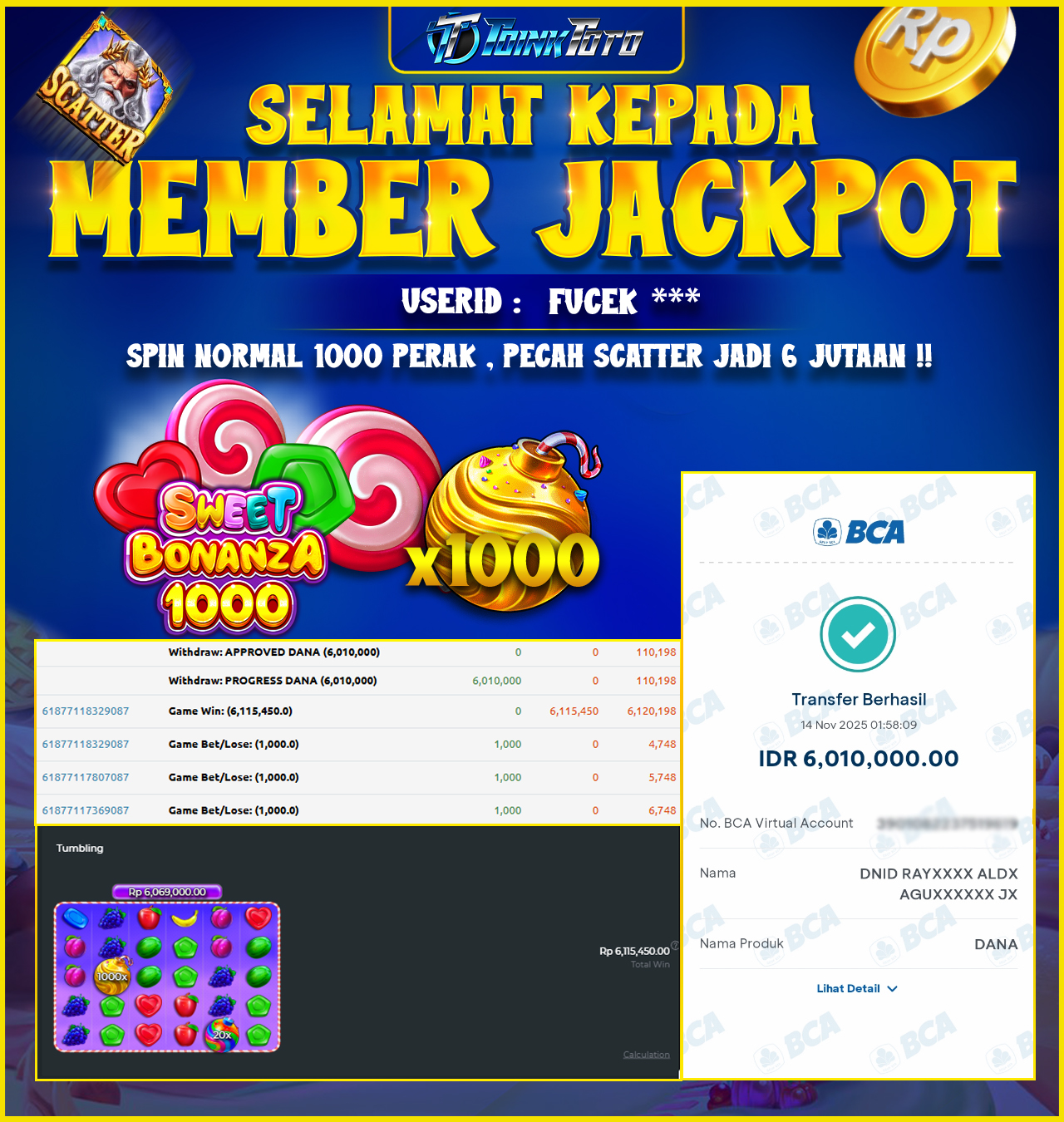 TOINKTOTO JACKPOT GAME SLOT SWEET BONANZA 1000 Rp.6.010.000.,- LUNAS
